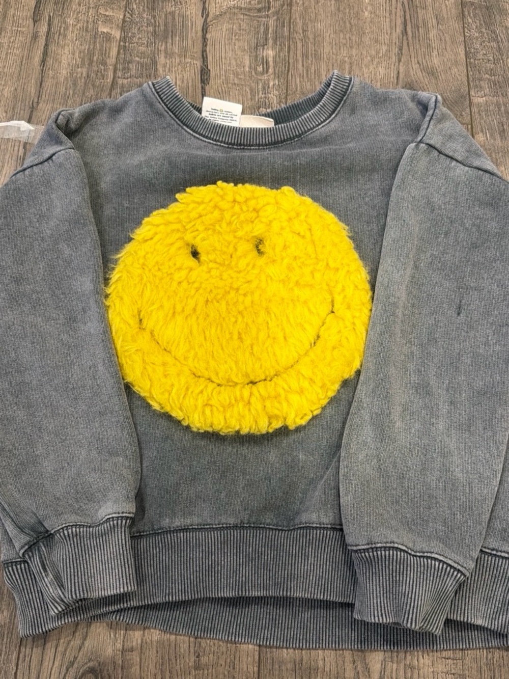 Zara Gray Crewneck Sweater with Yellow Fuzzy Smiley